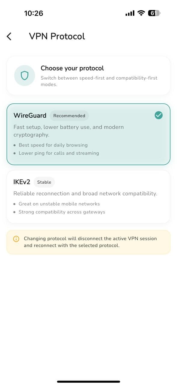 Quixure VPN — Protocol selection